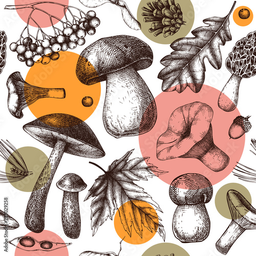 Autumn forest seamless pattern. Vector background with mushrooms, conifers, leaves, berries sketches. Vintage fall season design. Trendy collage elements