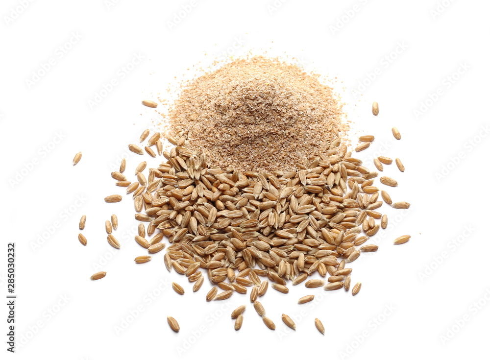 Spelt bran and grains isolated on white background, top view Spelt bran and grains isolated on white background, top view