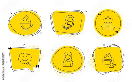 Cashback, Woman and Night cream signs. Chat bubbles. Smile chat, Winner podium and Coffee cup line icons set. Happy face, First place, Whipped cream. Financial transfer. Business set. Vector