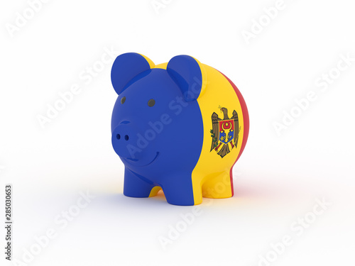 Finance  saving money  piggy bank on white background. Moldova flag. 3d illustration.