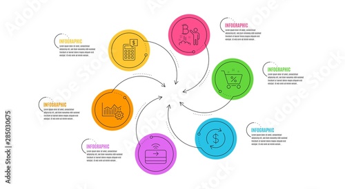 Usd exchange, Operational excellence and Bitcoin project line icons set. Infographic timeline. Loan percent, Calculator and Contactless payment signs. Vector