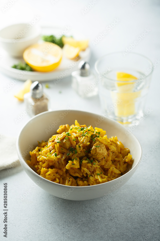 Spiced vegan rice in white bowl Spiced vegan rice in white bowl
