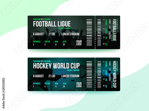 Sport tickets template. Hockey cup and football ticket design template with people crowd on background. Vector flat illustration
