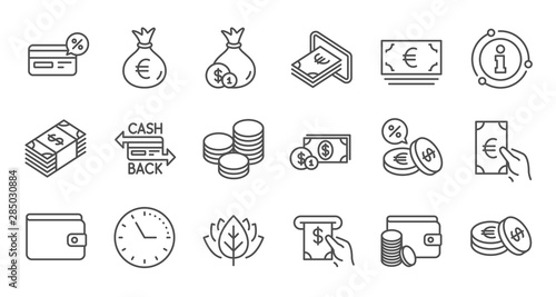 Fototapeta Naklejka Na Ścianę i Meble -  Money and payment line icons. Cash, Wallet and Coins. Account cashback linear icon set. Quality line set. Vector