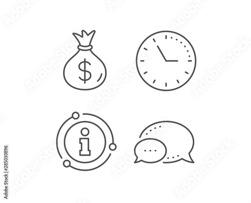 Money bag line icon. Chat bubble, info sign elements. Cash Banking currency sign. Dollar or USD symbol. Linear money bag outline icon. Information bubble. Vector
