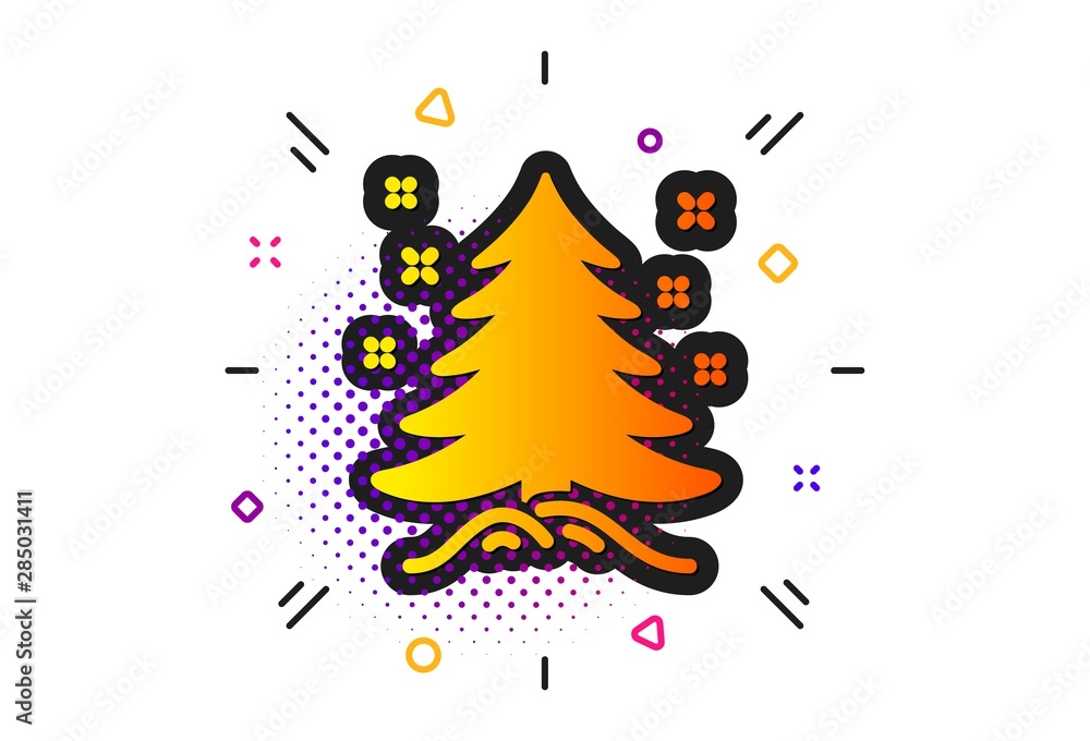 Obraz premium New year spruce sign. Halftone circles pattern. Christmas tree present icon. Fir-tree symbol. Classic flat christmas tree icon. Vector