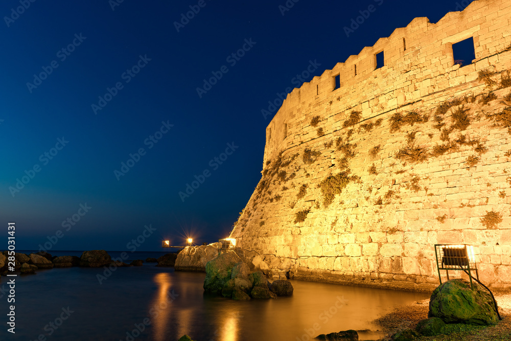St. Nicholas Fortress in Rhodes Town Illuminated at Twilight, Greece