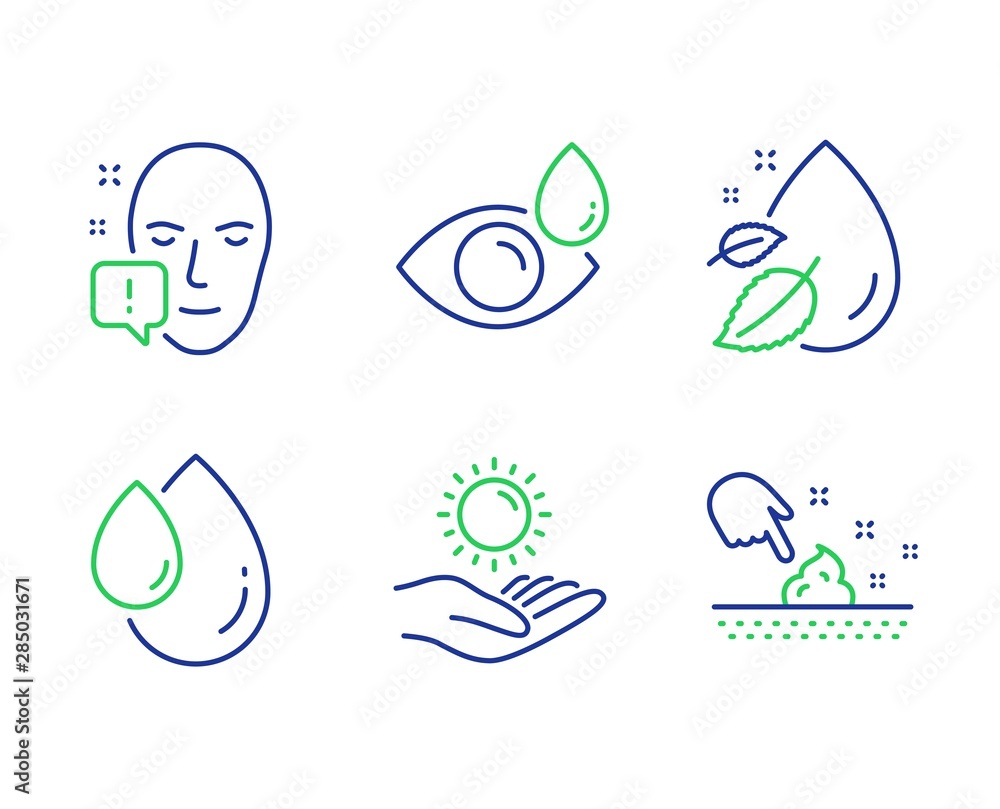 Face attention, Oil drop and Eye drops line icons set. Water drop, Sun protection and Skin moisture signs. Exclamation mark, Serum, Check vision. Serum oil. Medical set. Vector