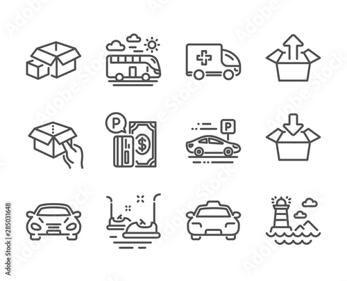 Set of Transportation icons, such as Taxi, Car parking, Parking payment, Get box, Hold box, Car, Ambulance emergency, Lighthouse, Bumper cars, Packing boxes, Bus travel line icons. Taxi icon. Vector