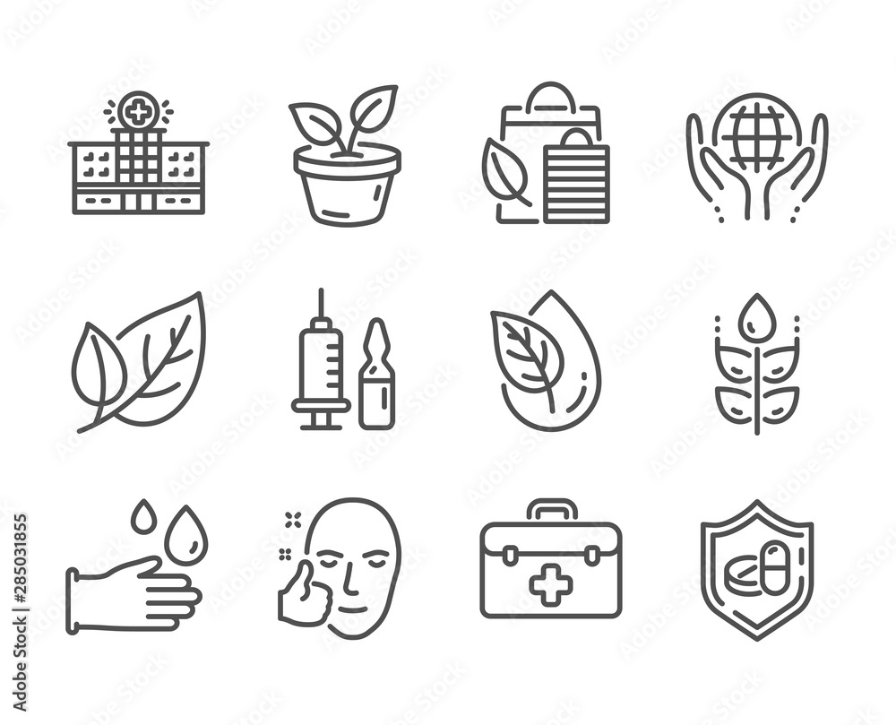 Plakat Set of Healthcare icons, such as Bio shopping, Hospital building, Organic product, Organic tested, Medical vaccination, Rubber gloves, First aid, Leaf, Medical tablet, Healthy face, Leaves. Vector