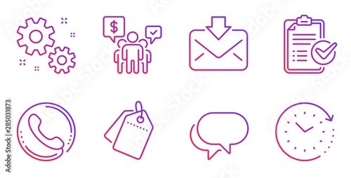 Survey checklist, Work and Talk bubble line icons set. Teamwork, Sale tags and Incoming mail signs. Call center, Time change symbols. Report, Settings. Technology set. Vector