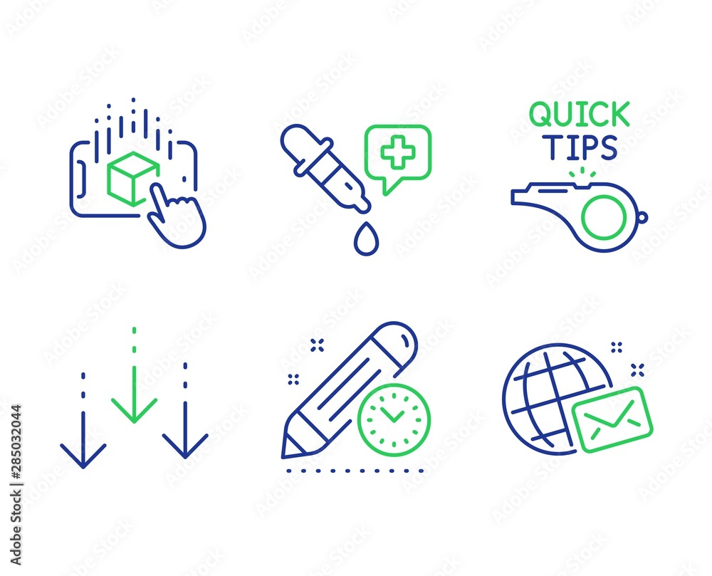 Augmented reality, Chemistry pipette and Scroll down line icons set. Project deadline, Tutorials and World mail signs. Phone simulation, Laboratory, Swipe screen. Time management. Vector Augmented reality, Chemistry pipette and Scroll down line icons set. Project deadline, Tutorials and World mail signs. Phone simulation, Laboratory, Swipe screen. Time management. Vector