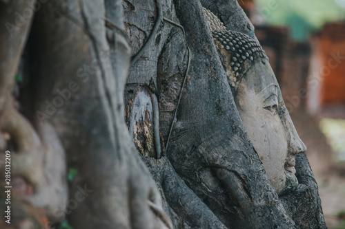 Amazing details of the Wat Maha That temple with the ruins of the Buddha statues.  UNESCO Worl Heritage site.