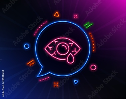 Ð¡onjunctivitis eye line icon. Neon laser lights. Oculist clinic sign. Optometry vision symbol. Glow laser speech bubble. Neon lights chat bubble. Banner badge with Ð¡onjunctivitis eye icon. Vector