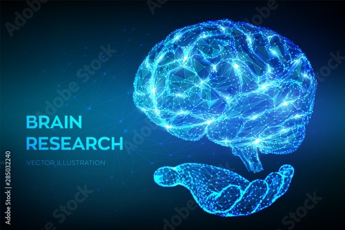 Brain. Low poly abstract digital human brain in hand. Neural network. IQ testing, artificial intelligence virtual emulation science technology concept. Brainstorm. 3D polygonal vector illustration.