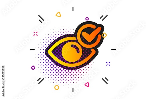 Oculist clinic sign. Halftone circles pattern. Check eye icon. Optometry vision symbol. Classic flat check eye icon. Vector