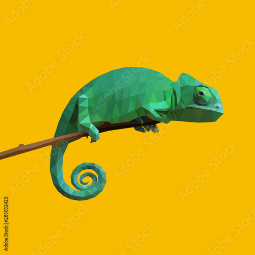 Chameleon on a stick. Low poly design. Vector, EPS 10