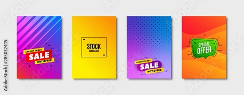 Stock clearance sale symbol. Cover design, banner badge. Special offer price sign. Advertising discounts symbol. Poster template. Sale, hot offer discount. Flyer or cover background. Vector