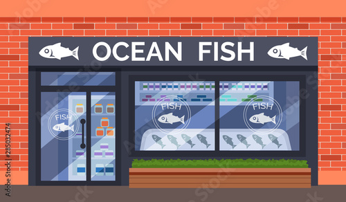 Fish and seafood shop building store facade with large window, columns, brick wall. Facade residential building front view. Graphic seafood shop exterior facade vector illustration