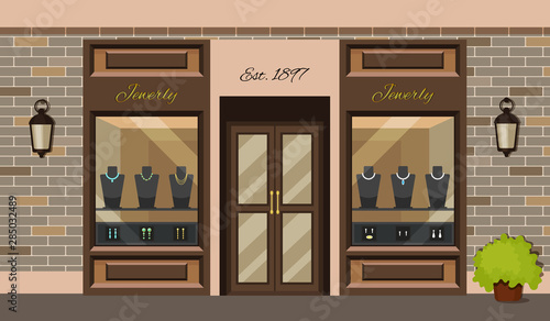 Jewelry shop store facade with storefront large window, columns and brick wall. City building facade residential building front view. Graphic jewelry shop exterior vector illustration