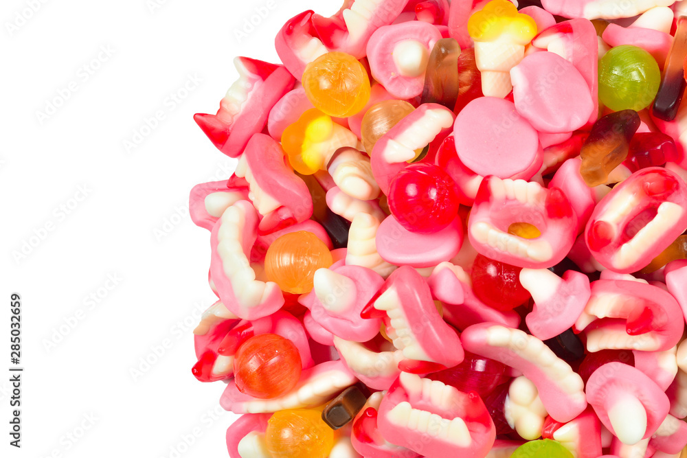 Assorted gummy candies. Top view. Jelly sweets. Assorted gummy candies. Top view. Jelly sweets.