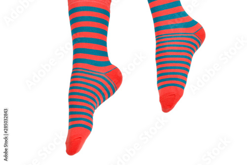 Woman in orange socks isolated on white background. Top view.