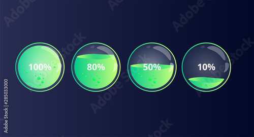 Modern 100 80 50 10 percent loading status indicator. Glass liquid level of power in bottle. Glossy style of loading bar in electronic device. Colorful discharged and fully charged battery.
