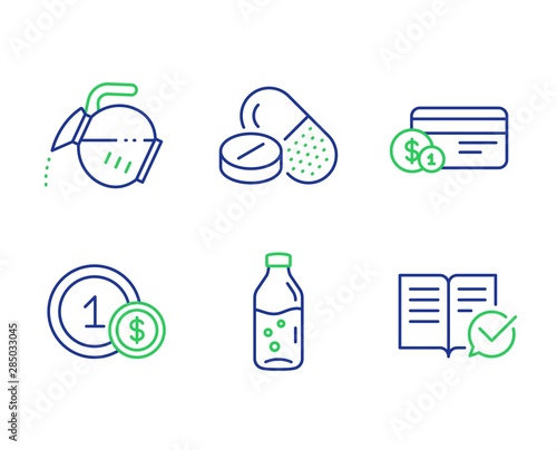 Water bottle, Usd coins and Payment method line icons set. Medical drugs, Coffee pot and Approved documentation signs. Soda drink, Cash payment, Medicine pills. Tea drink. Business set. Vector