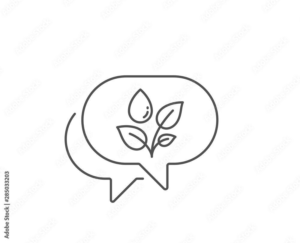 Plants watering line icon. Chat bubble design. Leaves dew sign. Environmental care symbol. Outline concept. Thin line plants watering icon. Vector