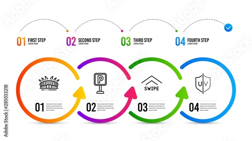 Uv protection sign. Infographics timeline. Arena stadium, Parking and Swipe up line icons set. Sport complex, Auto park, Scrolling arrow. Ultraviolet. Business set. Arena stadium icon. Vector