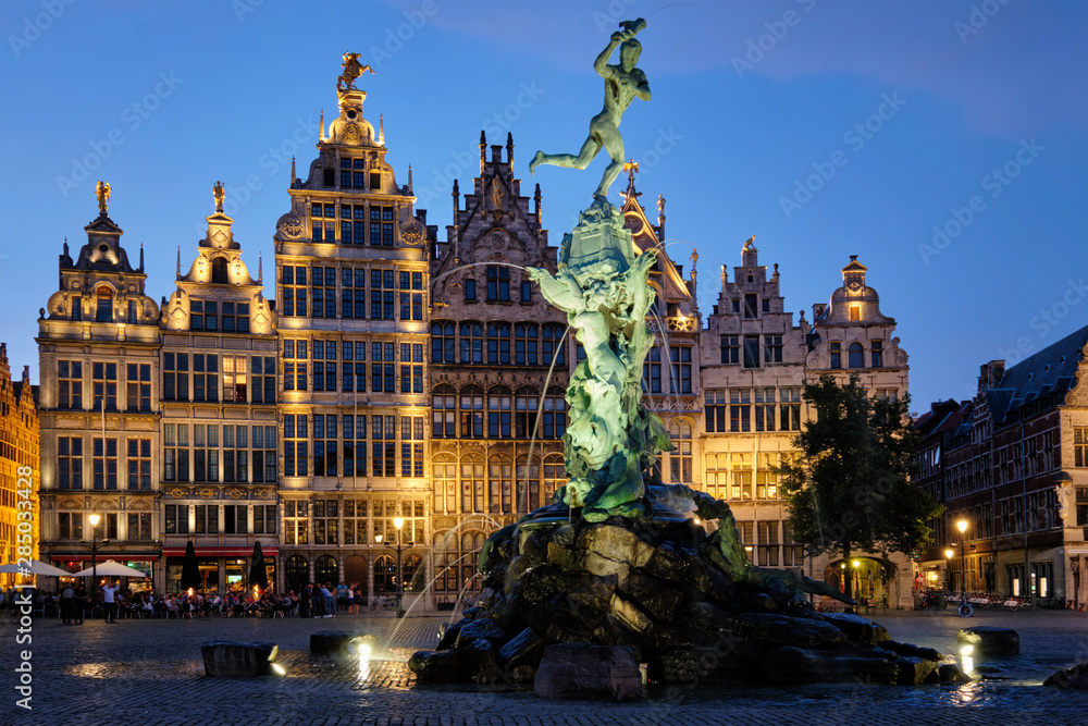 Antwerp Grote Markt with famous Brabo statue and fountain at night, Belgium