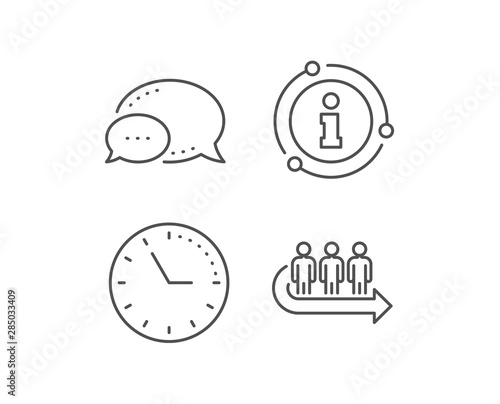 Queue line icon. Chat bubble, info sign elements. People waiting sign. Direction arrow symbol. Linear queue outline icon. Information bubble. Vector
