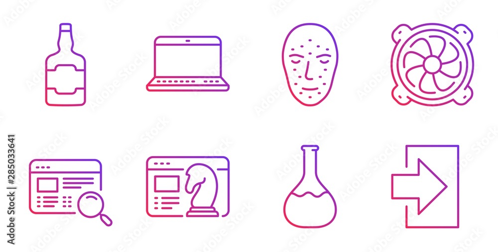 Website search, Computer fan and Chemistry lab line icons set. Notebook, Face biometrics and Seo strategy signs. Whiskey bottle, Login symbols. Find internet, Pc ventilator. Business set. Vector Website search, Computer fan and Chemistry lab line icons set. Notebook, Face biometrics and Seo strategy signs. Whiskey bottle, Login symbols. Find internet, Pc ventilator. Business set. Vector