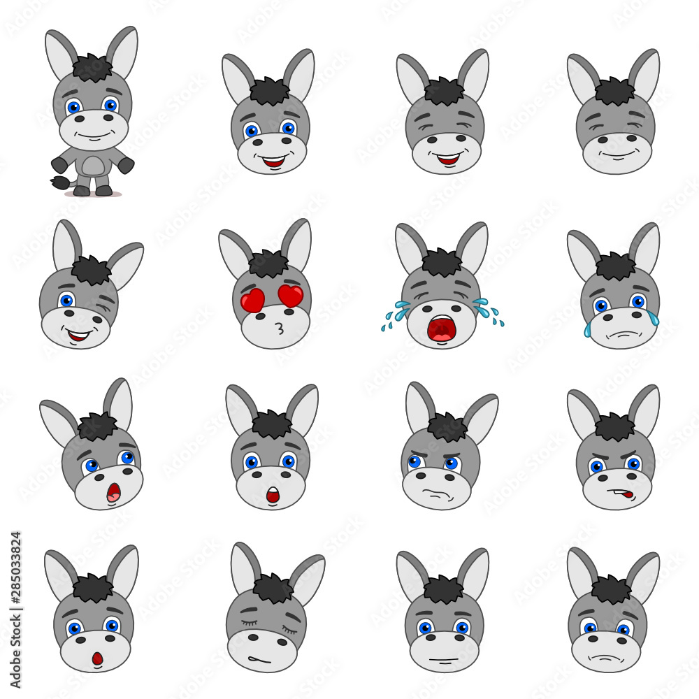 Big set of heads with expressions of emotions of funny donkey in cartoon style isolated on white background Big set of heads with expressions of emotions of funny donkey in cartoon style isolated on white background