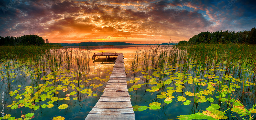 Plakat Piękny letni wschód słońca nad jeziorem - Panorama