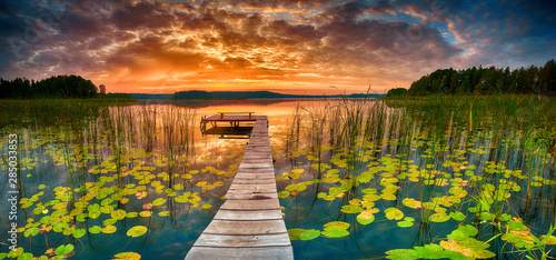Fototapeta Naklejka Na Ścianę i Meble -  Beautiful summer sunrise over lake - Panorama