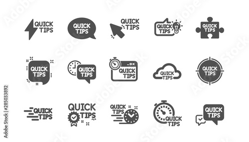 Quick tips icons. Helpful tricks, Solution and Quickstart guide. Tutorial classic icon set. Quality set. Vector