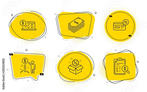 Sale, Dollar and Accounting report signs. Chat bubbles. Online accounting, Income money and Cashback line icons set. Web audit, Wealth, Non-cash payment. Discount. Finance set. Vector