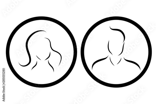 Vector silhouette of symbol of man and woman on white background. Sign of people. Logo in round frame.