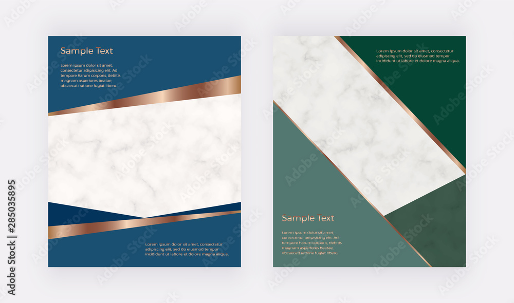 Blue and green with gold geometric cover templates with triangular shapes for brochure, layout, poster, banner, flyer, product package, menu. Backgrounds with marble texture