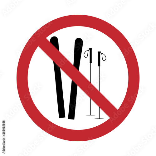 Vector silhouette no entry mark with ski on white background. Symbol of stop,prohibition,warning.