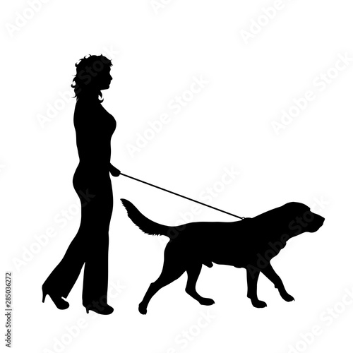 Vector silhouette of woman who walk with her dog with leash on white badkground. Symbol of animal, pet, friends,walk.