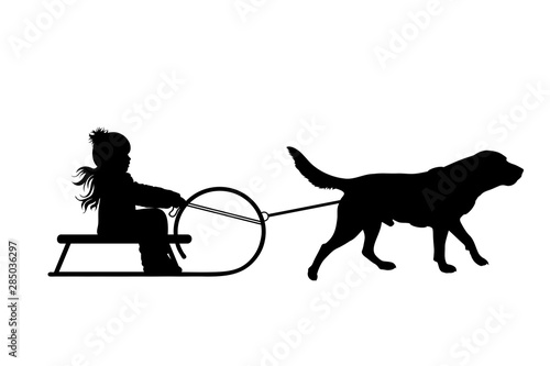 Vector silhouette of child who pulls dog on slegde on white badkground. Symbol of animal, pet, friends,winter, funny.
