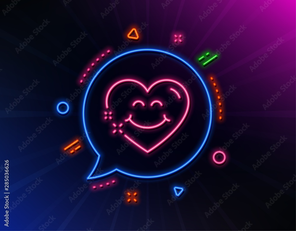 Smile face line icon. Neon laser lights. Happy emoticon chat sign. Heart face symbol. Glow laser speech bubble. Neon lights chat bubble. Banner badge with smile face icon. Vector Smile face line icon. Neon laser lights. Happy emoticon chat sign. Heart face symbol. Glow laser speech bubble. Neon lights chat bubble. Banner badge with smile face icon. Vector
