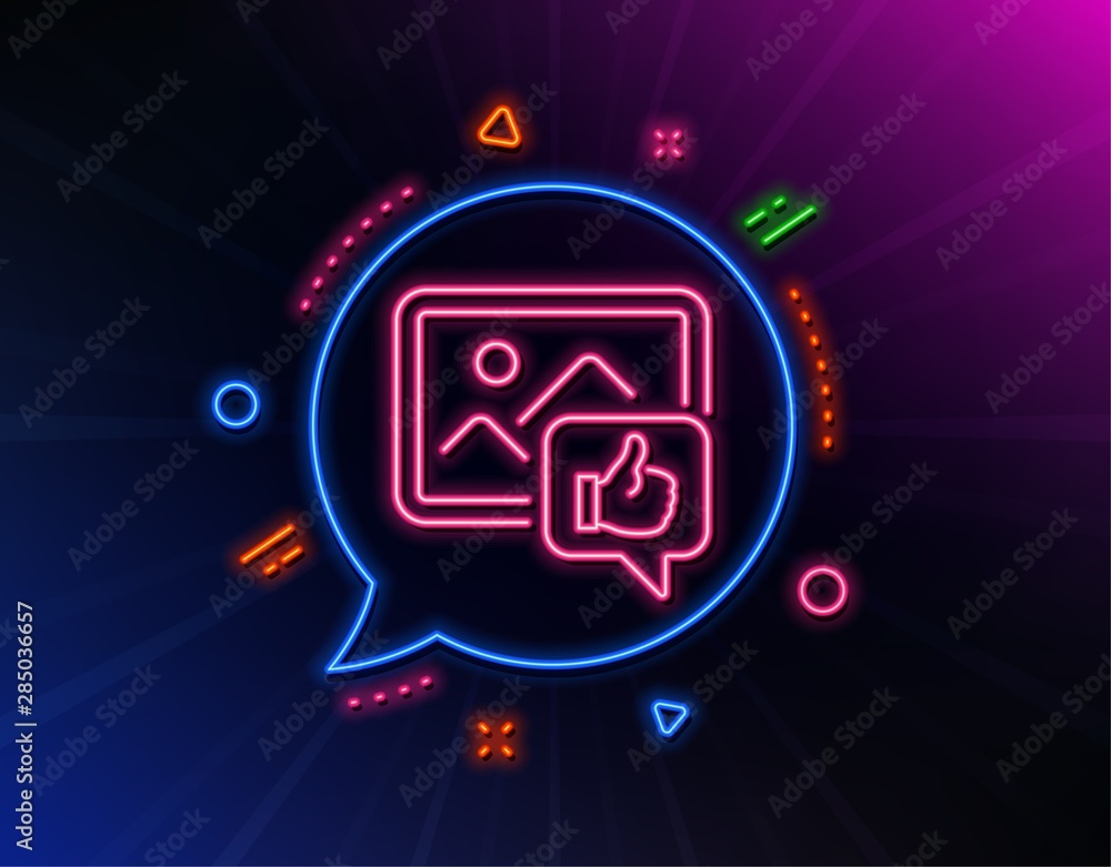 Like photo line icon. Neon laser lights. Thumbs up sign. Positive feedback, social media symbol. Glow laser speech bubble. Neon lights chat bubble. Banner badge with like photo icon. Vector Like photo line icon. Neon laser lights. Thumbs up sign. Positive feedback, social media symbol. Glow laser speech bubble. Neon lights chat bubble. Banner badge with like photo icon. Vector