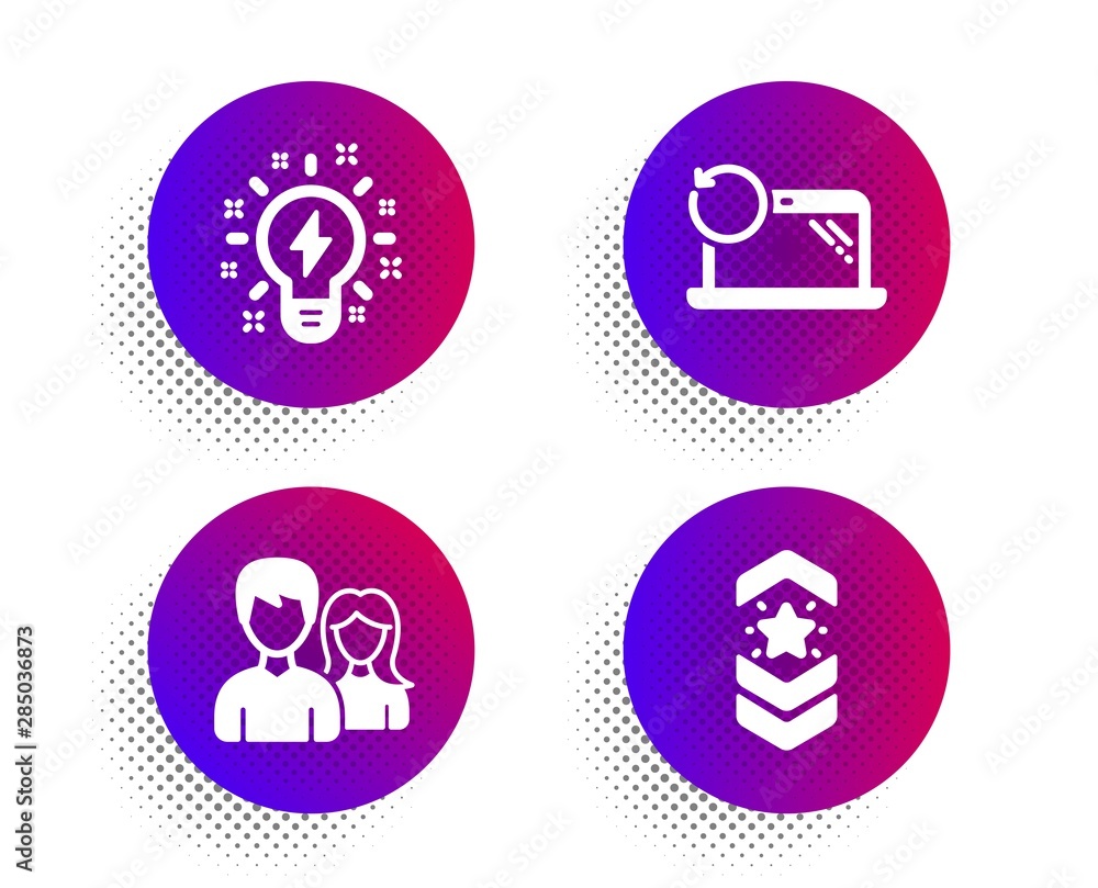 Inspiration, Couple and Recovery laptop icons simple set. Halftone dots button. Shoulder strap sign. Creativity, Male and female, Backup data. Star rank. Business set. Vector Inspiration, Couple and Recovery laptop icons simple set. Halftone dots button. Shoulder strap sign. Creativity, Male and female, Backup data. Star rank. Business set. Vector