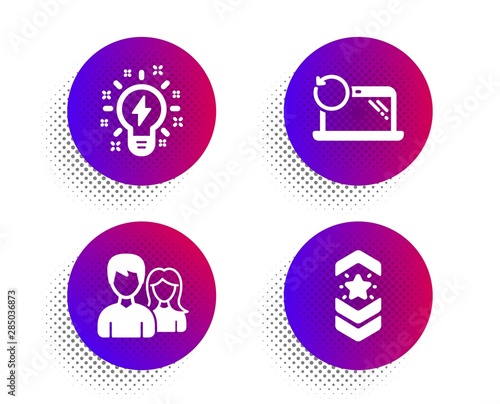 Inspiration, Couple and Recovery laptop icons simple set. Halftone dots button. Shoulder strap sign. Creativity, Male and female, Backup data. Star rank. Business set. Vector