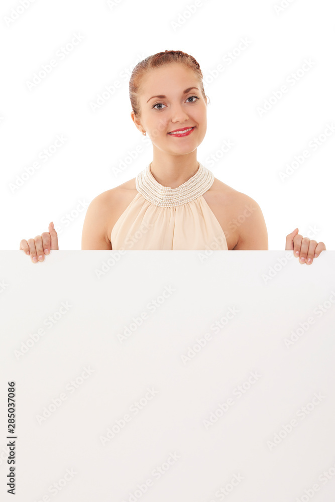 Young woman with blank signboard, on white Young woman with blank signboard, on white
