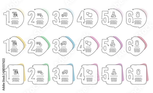 Smile, Chemistry lab and Swipe up line icons set. Infographic timeline. Divider document, Buy button and Speech bubble signs. Socila media, Laboratory, Scrolling page. Report file. Vector