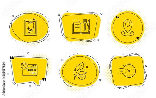 Quick tips, Window cleaning and Timer signs. Chat bubbles. Location, Recipe book and Hypoallergenic tested line icons set. Map pointer, Food, Feather. Helpful tricks. Business set. Vector